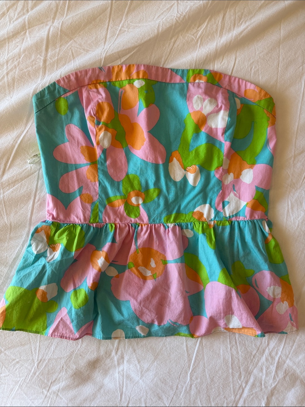 Lilly Pulitzer Strapless Peplum Top in Turquoise, Pink & Green Floral